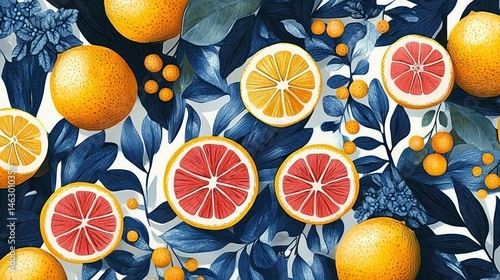 Obraz na płótnie Vibrant arrangement of whole and sliced citrus fruits with blue foliage on white background creating a fresh and lively atmosphere w salonie