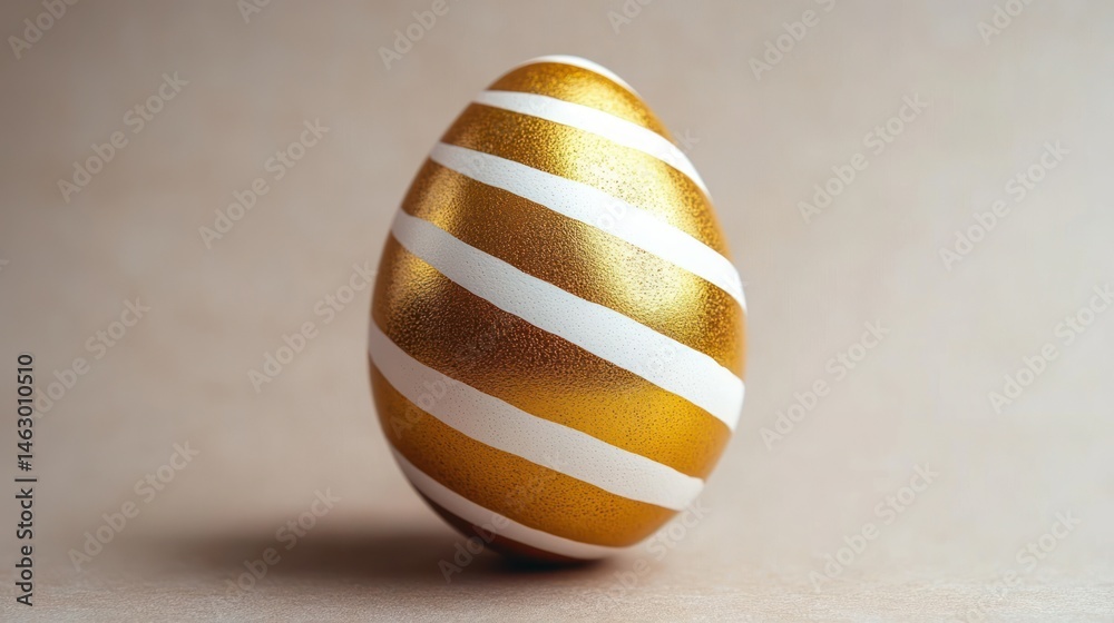 Single golden egg with horizontal white stripes on a smooth neutral background conveying elegance and simplicity
