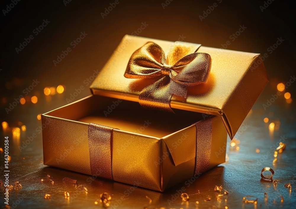 elegant golden gift box with matching ribbon bow, open lid revealing empty interior, warm glowing light and sparkling decorative beads scattered around on a reflective surface