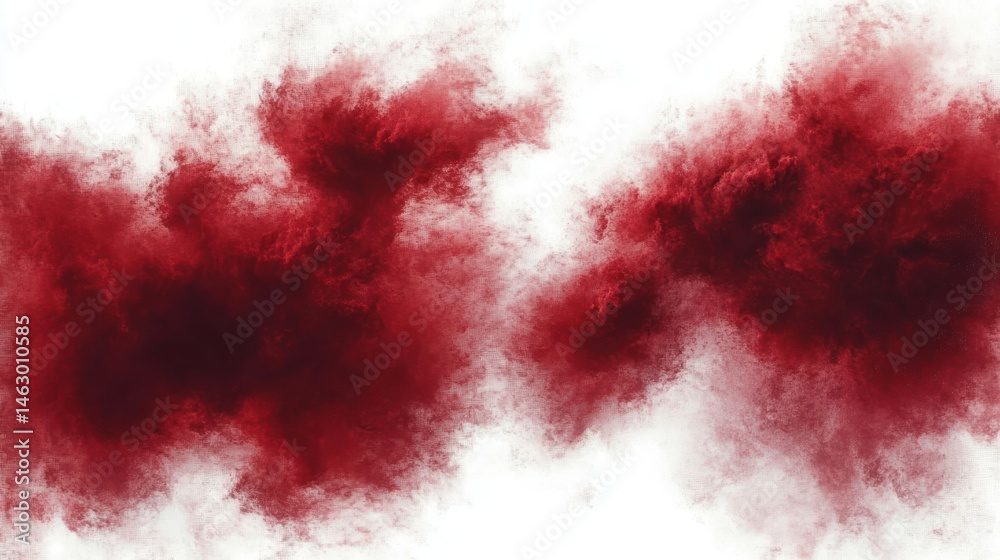 Abstract dynamic red powder clouds dispersing on a white background creating a dramatic and energetic effect
