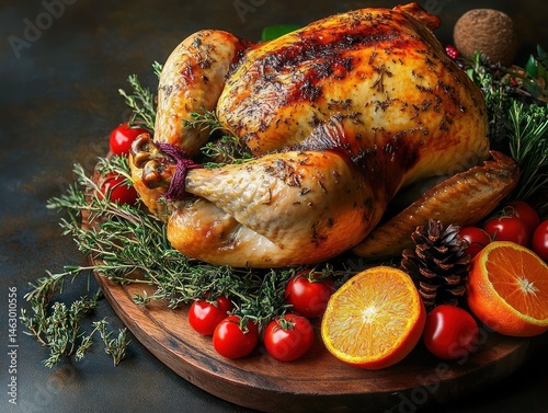 Obraz na płótnie Golden roasted whole chicken garnished with fresh herbs, cherry tomatoes, orange halves, and a pine cone on a wooden serving board evoking a festive and cozy atmosphere w salonie
