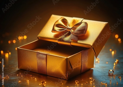Obraz na płótnie elegant golden gift box with matching ribbon bow, open lid revealing empty interior, warm glowing light and sparkling decorative beads scattered around on a reflective surface w salonie
