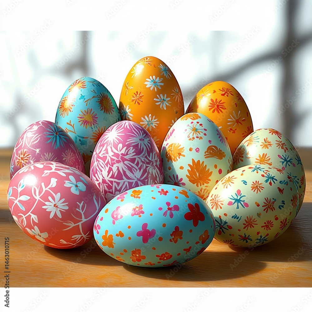 Brightly colored Easter eggs with various floral and nature patterns displayed on a wooden surface with warm natural light