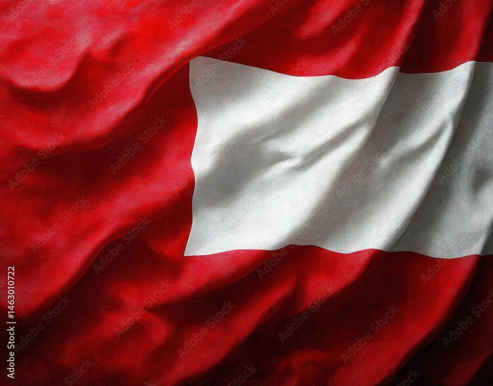 Close-up view of a red flag with a large white horizontal rectangle in the center, showing flowing fabric texture and shadows
