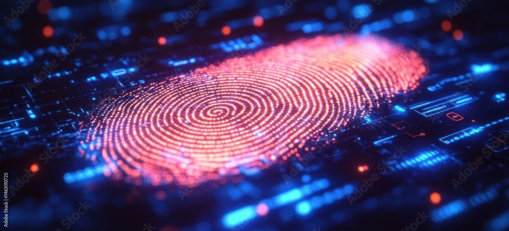 Glowing digital fingerprint scanning over futuristic blue and red circuit board interface symbolizing biometric security and advanced technology