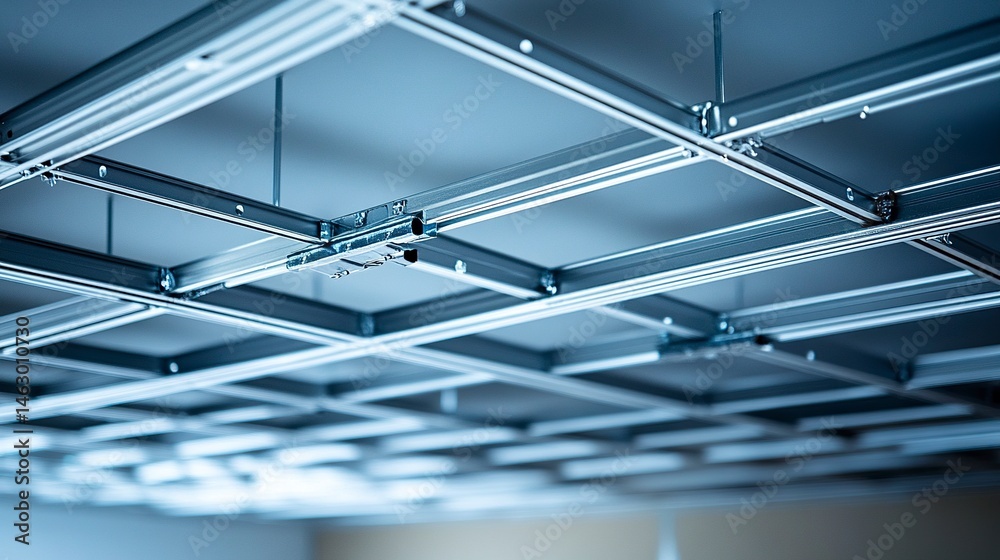 Obraz premium A detailed view of a suspended ceiling grid in progress, clean metal tracks supporting newly placed ceiling tiles, emphasizing precision in modern construction 