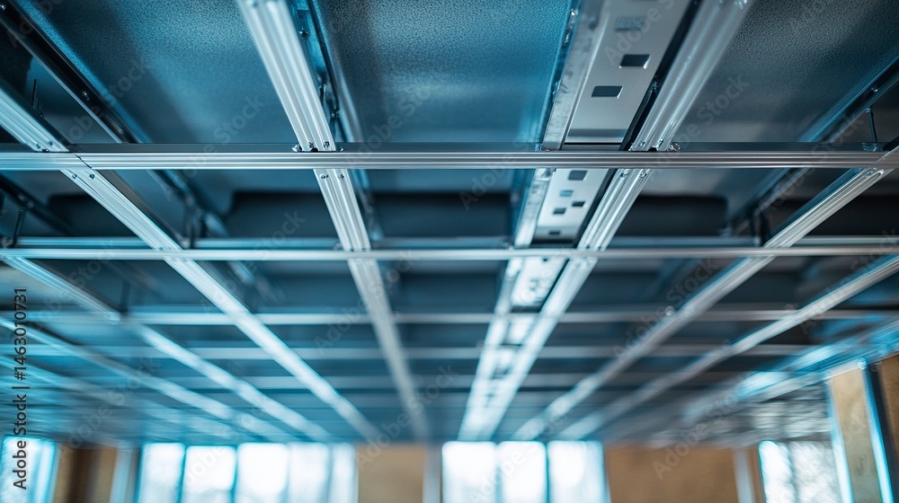 Obraz premium A detailed view of a suspended ceiling grid in progress, clean metal tracks supporting newly placed ceiling tiles, emphasizing precision in modern construction 