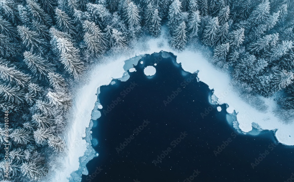 aerial view of snow-covered evergreen forest surrounding partially frozen dark blue lake in winter landscape