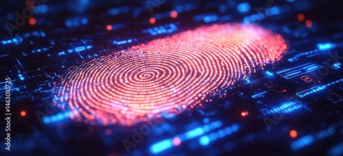 Glowing digital fingerprint scanning over futuristic blue and red circuit board interface symbolizing biometric security and advanced technology