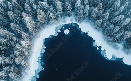 Obraz na płótnie aerial view of snow-covered evergreen forest surrounding partially frozen dark blue lake in winter landscape w salonie