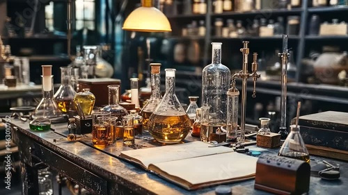 Intricate detail of a vintage science laboratory scene with glassware and book