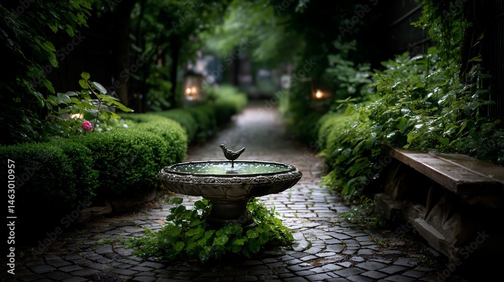 Garden path, fountain, bird. Lush greenery, stone walkway Garden path, fountain, bird. Lush greenery, stone walkway