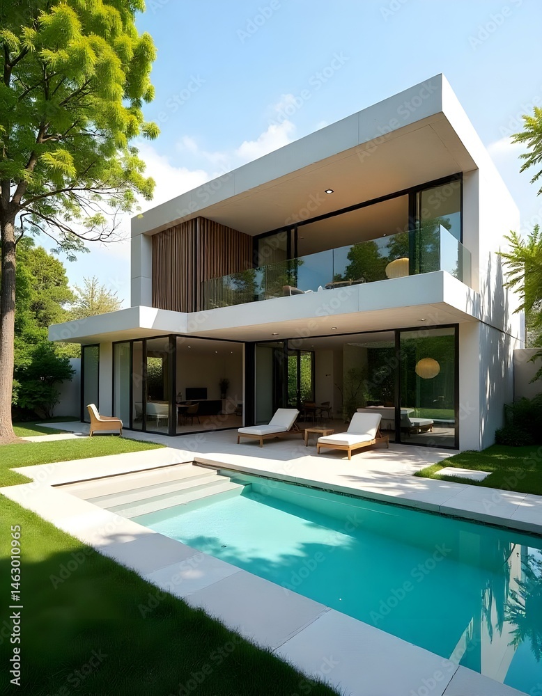 Fototapeta premium Modern minimalist house with concrete walls and glass windows, surrounded by a garden with a small pool, bright sunlight
