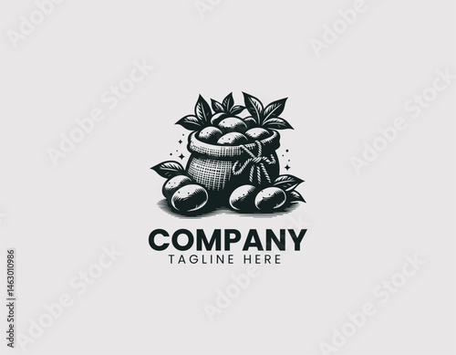 Vector logo illustration of burlap sack filled with fresh brown potatoes on white background. Flat cartoon farm produce design for food packaging and organic branding.