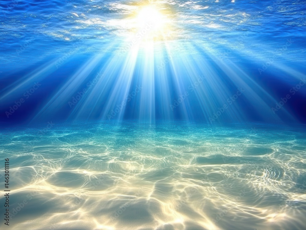 Obraz premium Sunlight beams through deep blue ocean water, illuminating sandy bottom. 