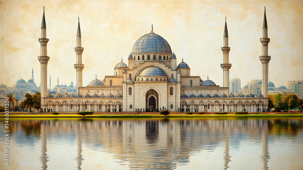 Naklejka premium Grand mosque reflected in a calm lake