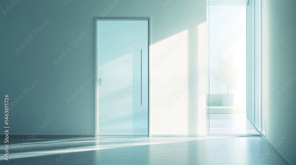 A frosted glass door with a sleek, minimalist etched design, slightly ajar, revealing a bright, upscale office with contemporary furniture and glowing natural light A frosted glass door with a sleek, minimalist etched design, slightly ajar, revealing a bright, upscale office with contemporary furniture and glowing natural light