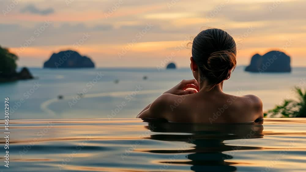 Sunset Serenity: A solitary woman, immersed in a luxurious infinity pool, gazes out at a breathtaking sunset over a tropical paradise. The warm hues of the sky, the shimmering water. Sunset Serenity: A solitary woman, immersed in a luxurious infinity pool, gazes out at a breathtaking sunset over a tropical paradise. The warm hues of the sky, the shimmering water.