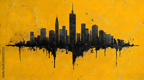 Abstract cityscape silhouette on a textured yellow background