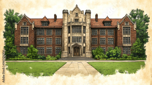 Historic college building, detailed illustration