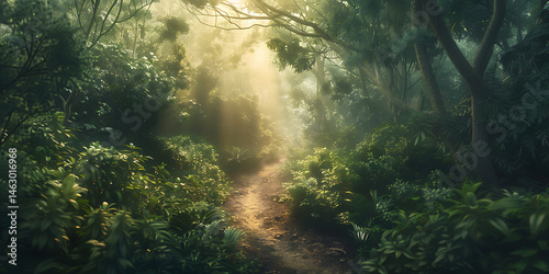 Sunlit forest path winding through lush greenery with shafts of light illuminating tranquil surroundings

