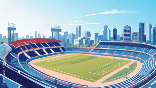 Stadium Exterior with Bright Lights and Sports Field