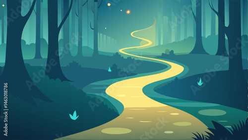 Mystical Reflection A winding river of ethereal light courses through an enchanted forest. The luminescent water reflects the silhouettes of tall trees their leaves shimmering with