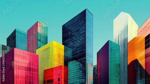 Vibrant cityscape panorama with multicolored buildings against a bright blue sky