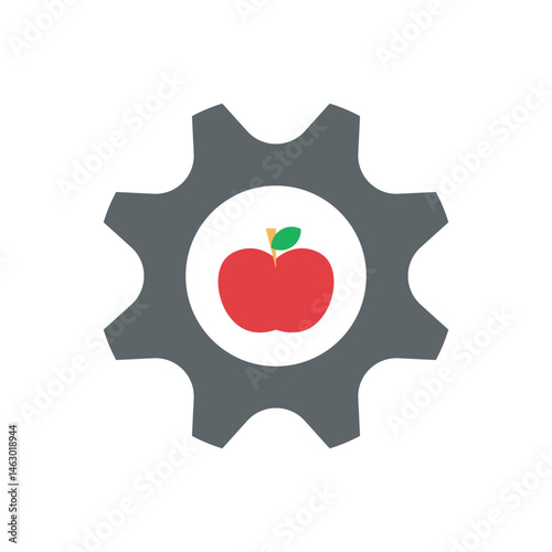 gear icon featuring an apple in the center, symbolizing innovation, creativity, and learning process.