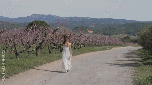 Wallpaper Mural Beautiful woman in white dress walking along the road with blooming trees with pink flowers. Spring landscape with mountains on background. Concept of freedom, femininity, and connection with nature. Torontodigital.ca