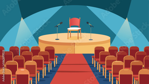 Rows of chairs set up in a semicircle facing a stage with a microphone and podium.