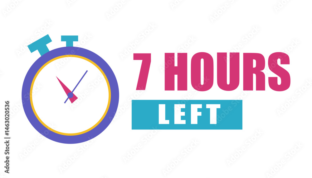 Timer countdown icon. Seven hours shown. Reminder clock image. Vector alert.