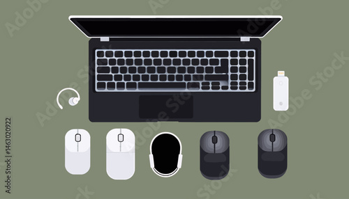 Laptop_and_Accessories_on_Black_Background_Featuring_Wireless_Mice_Headphones_and_USB_Dongle_Modern_Tech_Workspace_Essentials_Laptop_Accessories
