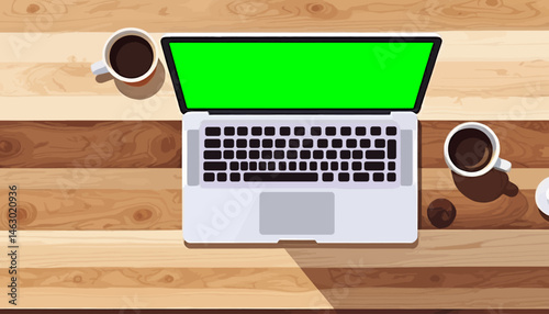 Laptop_and_Coffee_on_Wooden_Desk_Overhead_View_Workspace_with_Blank_Screen_Ideal_for_Freelancers_Remote_Work_and_Productivity_Illustration_Digital_Art