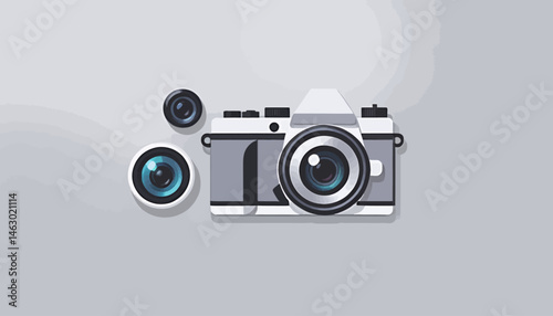 Retro Camera Illustration with Lenses_Photography Equipment on Gray Background_Vintage Camera Design_Capture Memories with Classic Style_Photography Icon Graphic