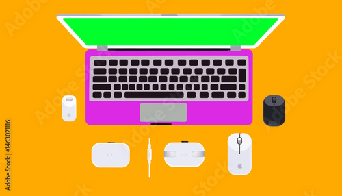 Sleek Modern Workspace_Top View of Illuminated Laptop Keyboard_Apple Accessories and Wireless Mouse for Enhanced Productivity_Ideal for Tech Bloggers and Designers