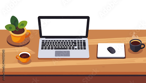 Work From Home Setup Illustration_Laptop_Mouse_Coffee and Plant on Desk_Productivity and Relaxation_Digital Workspace for Remote Work and Online Meetings