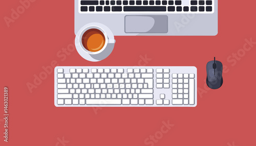 Work From Home Setup Laptop Keyboard Mouse and Coffee Break_Productivity Workspace Essentials_Office Desk Flat Lay View