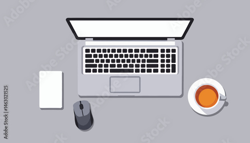 Workspace_Illustration_Top_View_of_Laptop_Mouse_Tea_and_Notebook_Minimalist_Desk_Setup_for_Work_or_Study_Digital_Workspace_Design_Modern_Office_Desk_Flatlay