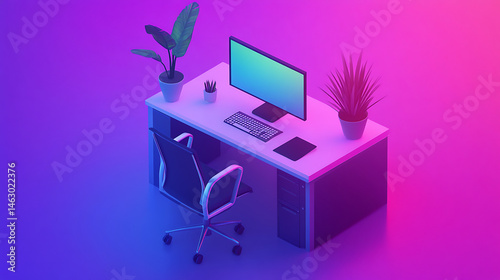 A computer desk with a chair and a computer monitor