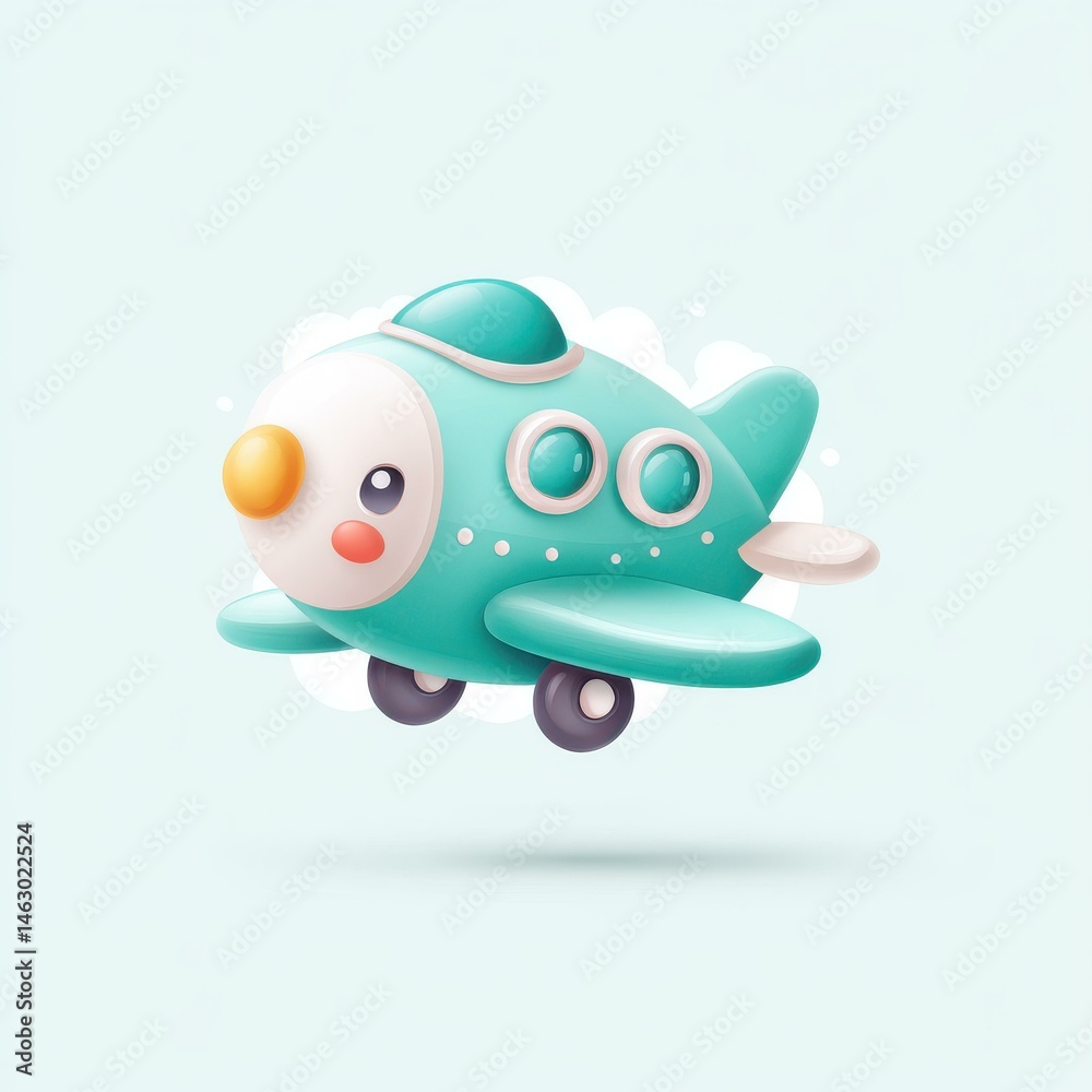 Fototapeta premium Bright and fun 3D cartoon airplane icon in a playful plastic style, perfect for kids designs and educational materials.