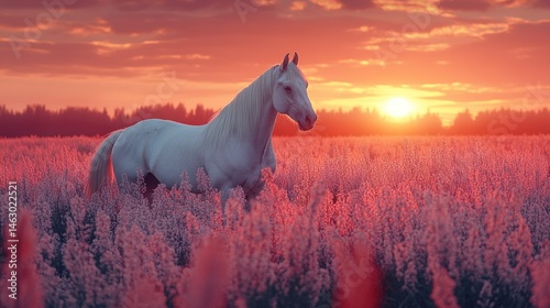 Majestic white horse at sunset in a field of vibrant pink flowers