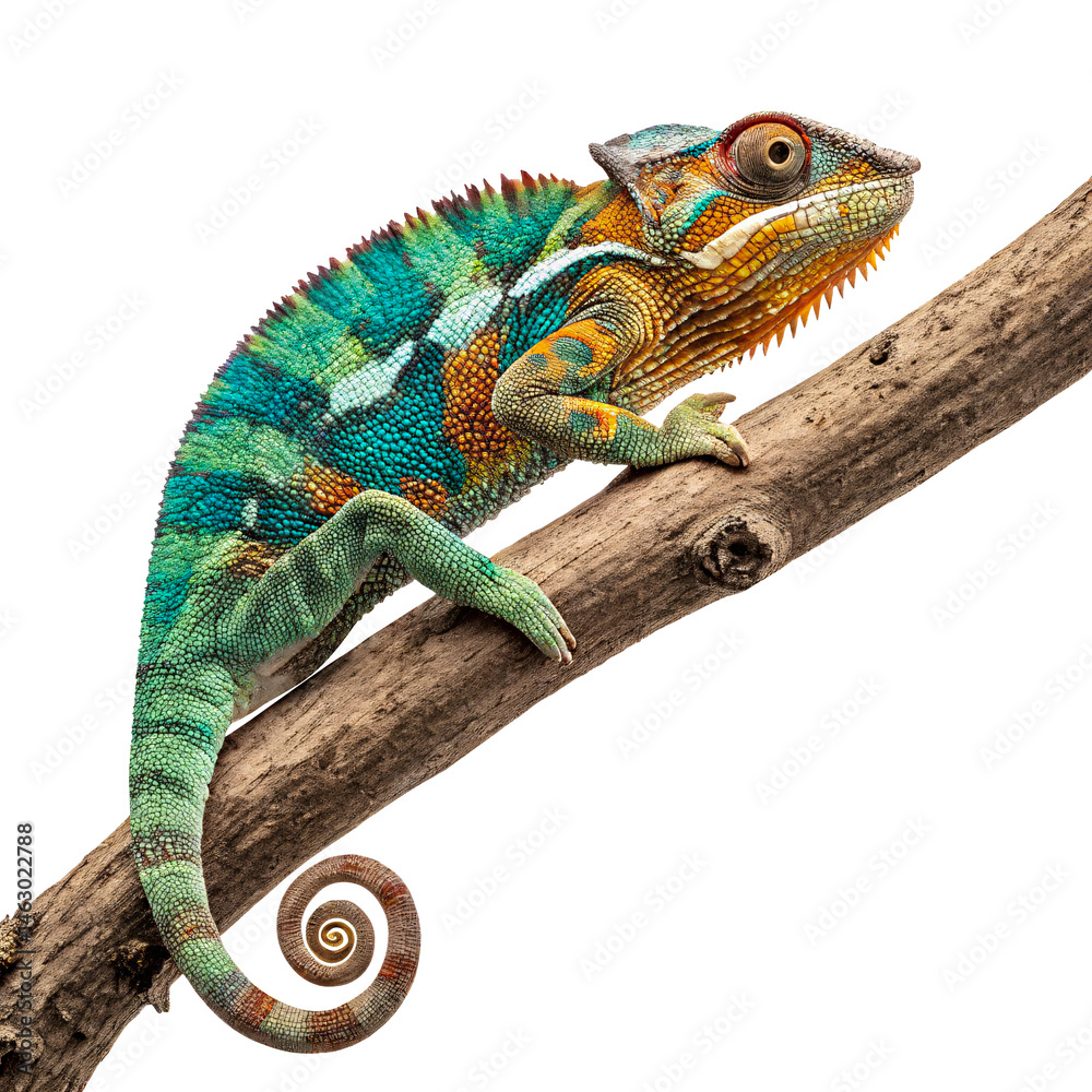 Fototapeta premium Colorful chameleon perched on a branch showcasing its green and orange scaled skin, a vividly patterned reptile with a curled tail, ideal for nature themed designs