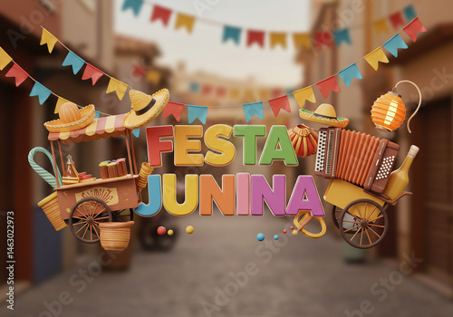 Ilustração vibrante e colorida da Festa Junina com elementos tradicionais como chapéu de palha, acordeão, fogueira estilizada, bandeirinhas e outros símbolos festivos em um cenário de rua de arraial