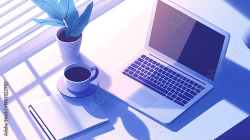 A laptop is on a table with a cup of coffee next to it