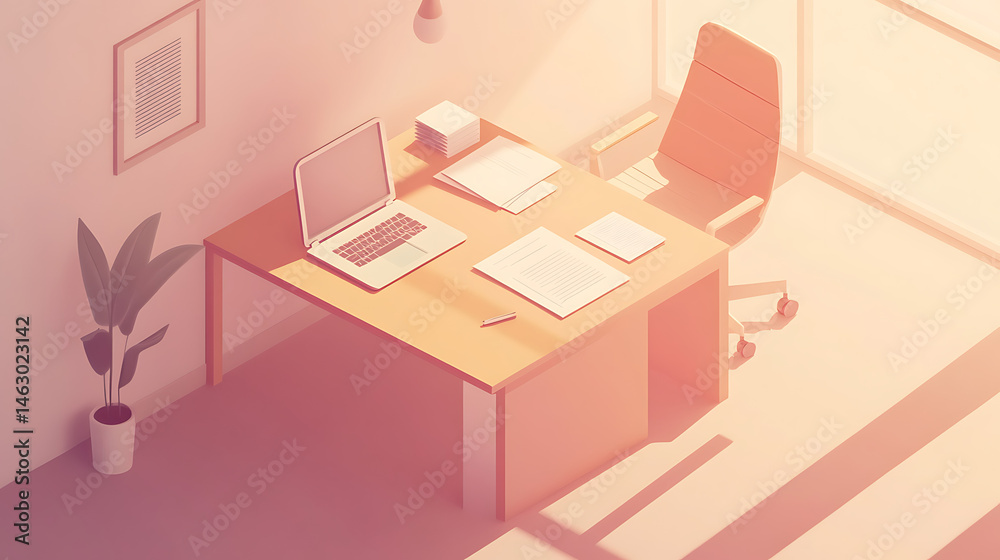 A computer desk with a laptop, a chair, and a potted plant