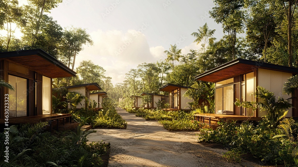 A row of affordable, energy-efficient homes surrounded by green spaces, representing dignity and stability in combating poverty through accessible housing solutions A row of affordable, energy-efficient homes surrounded by green spaces, representing dignity and stability in combating poverty through accessible housing solutions