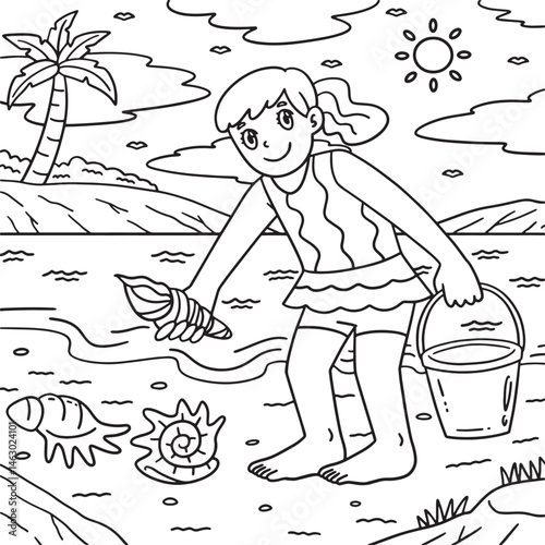 Swimming Girl Collecting Seashells Coloring Page 