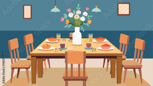A rustic wooden dining table set for a family dinner with a vase of freshly picked wildflowers as the centerpiece