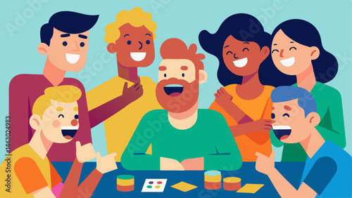 Laughter and Games A lively group playing board games laughing and sharing jokes with a bright background that reflects a fun and supportive atmosphere.